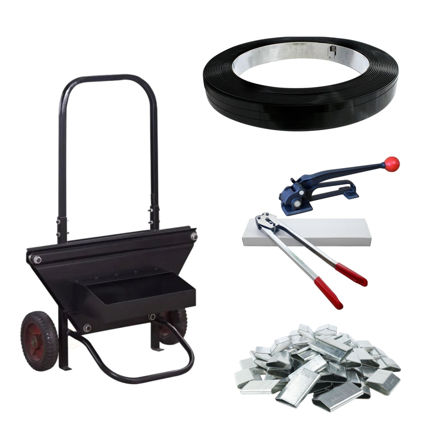 PACK METAL FULL EMBÁLATE (Rollo Zuncho, Dispensador, Tensador, Tenaza, sellos y REGALO)