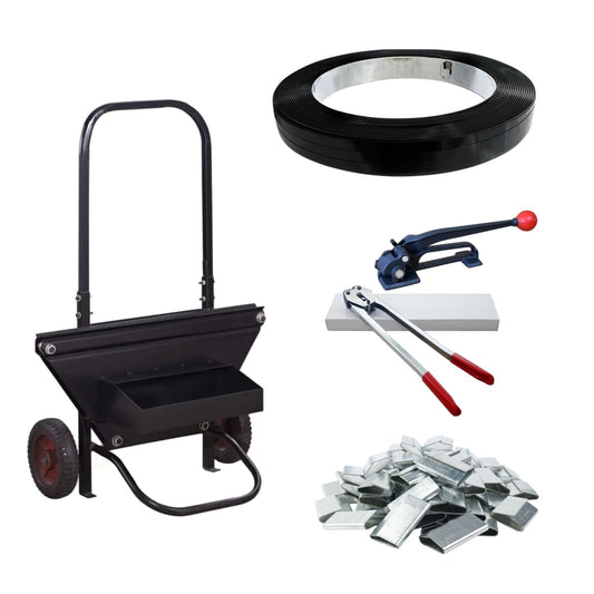 PACK METAL FULL EMBÁLATE (Rollo Zuncho, Dispensador, Tensador, Tenaza, sellos y REGALO)