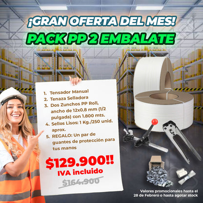 PACK PP 2 EMBÁLATE (2 Rollos de Zuncho 1.800 c/u, Tensador, Tenaza, sellos más REGALO de protección)
