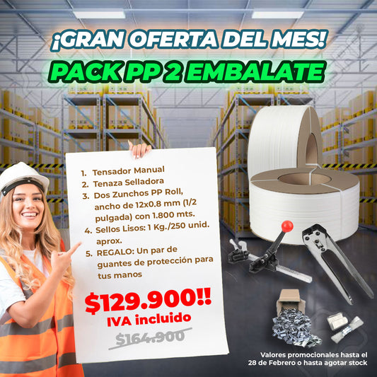PACK PP 2 EMBÁLATE (2 Rollos de Zuncho 1.800 c/u, Tensador, Tenaza, sellos más REGALO de protección)
