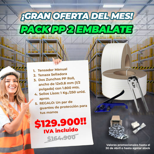 PACK PP 2 EMBÁLATE (2 Rollos de Zuncho 1.800 c/u, Tensador, Tenaza, sellos más REGALO de protección)