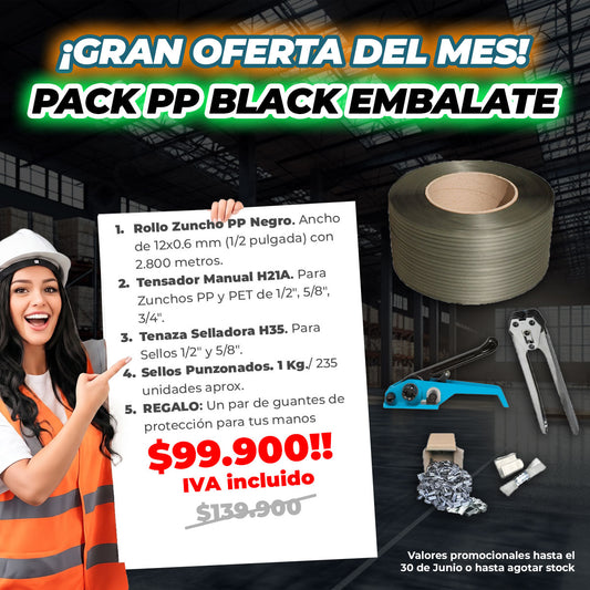 PACK PP BLACK EMBALATE (Rollo Zuncho, Tensador, Tenaza, Sellos más REGALO)