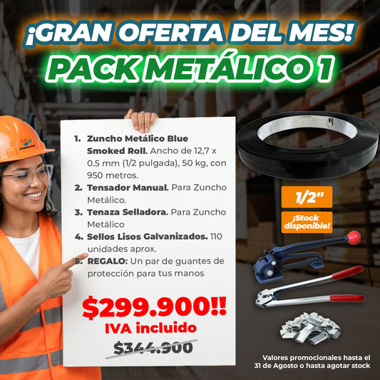PACK METÁLICO 1 EMBÁLATE (Rollo Zuncho 12,7x0,5mm, Tensador, Tenaza, sellos más REGALO)