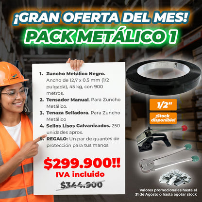 PACK METÁLICO 1 EMBÁLATE (Rollo Zuncho 12,7 x 0,5 mm, Tensador, Tenaza, Sellos, más REGALO)