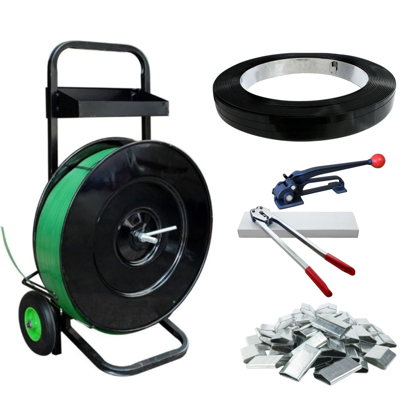 PACK METAL FULL EMBÁLATE (Rollo Zuncho, Dispensador, Tensador, Tenaza, sellos y REGALO)