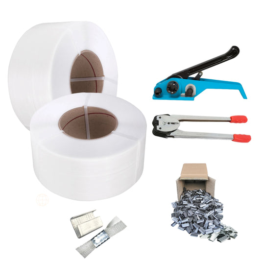 PACK PP 2 EMBÁLATE (2 Rollos de Zuncho 1.800 c/u, Tensador, Tenaza, sellos más REGALO de protección)