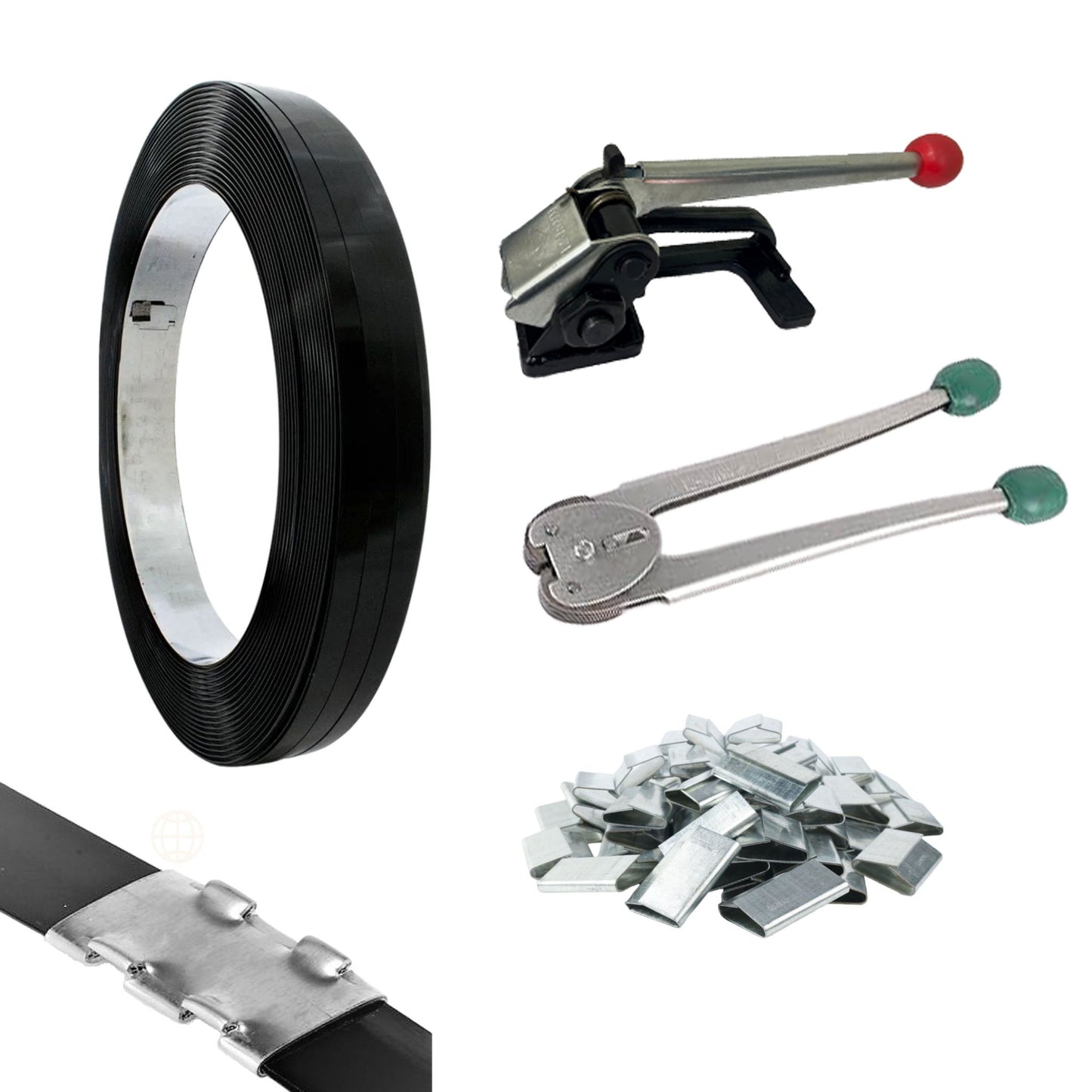 PACK METÁLICO 1 EMBÁLATE (Rollo Zuncho 12,7 x 0,5 mm, Tensador, Tenaza, Sellos, más REGALO)