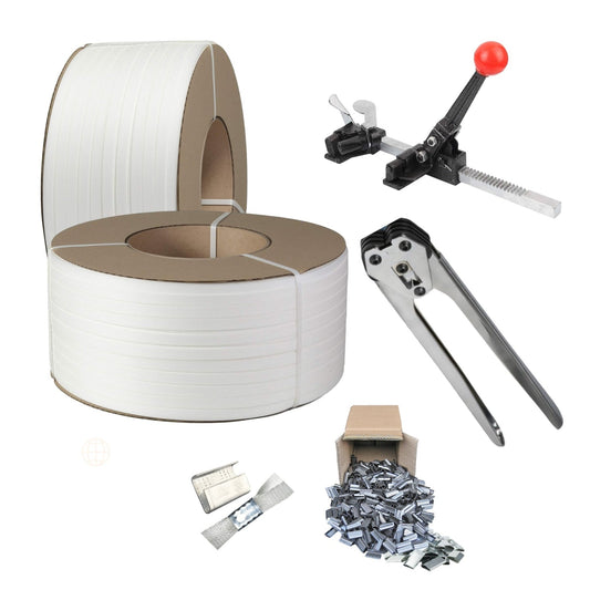 PACK PP 2 EMBÁLATE (2 Rollos de Zuncho 1.800 c/u, Tensador, Tenaza, sellos más REGALO de protección)